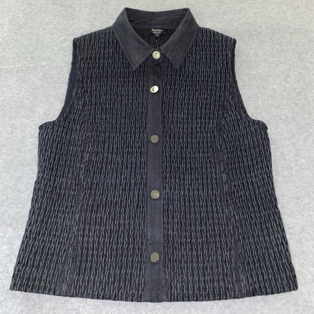 Worth‎ New York Women's L Navy Textured Snap Button Vest Sleeveless Layering